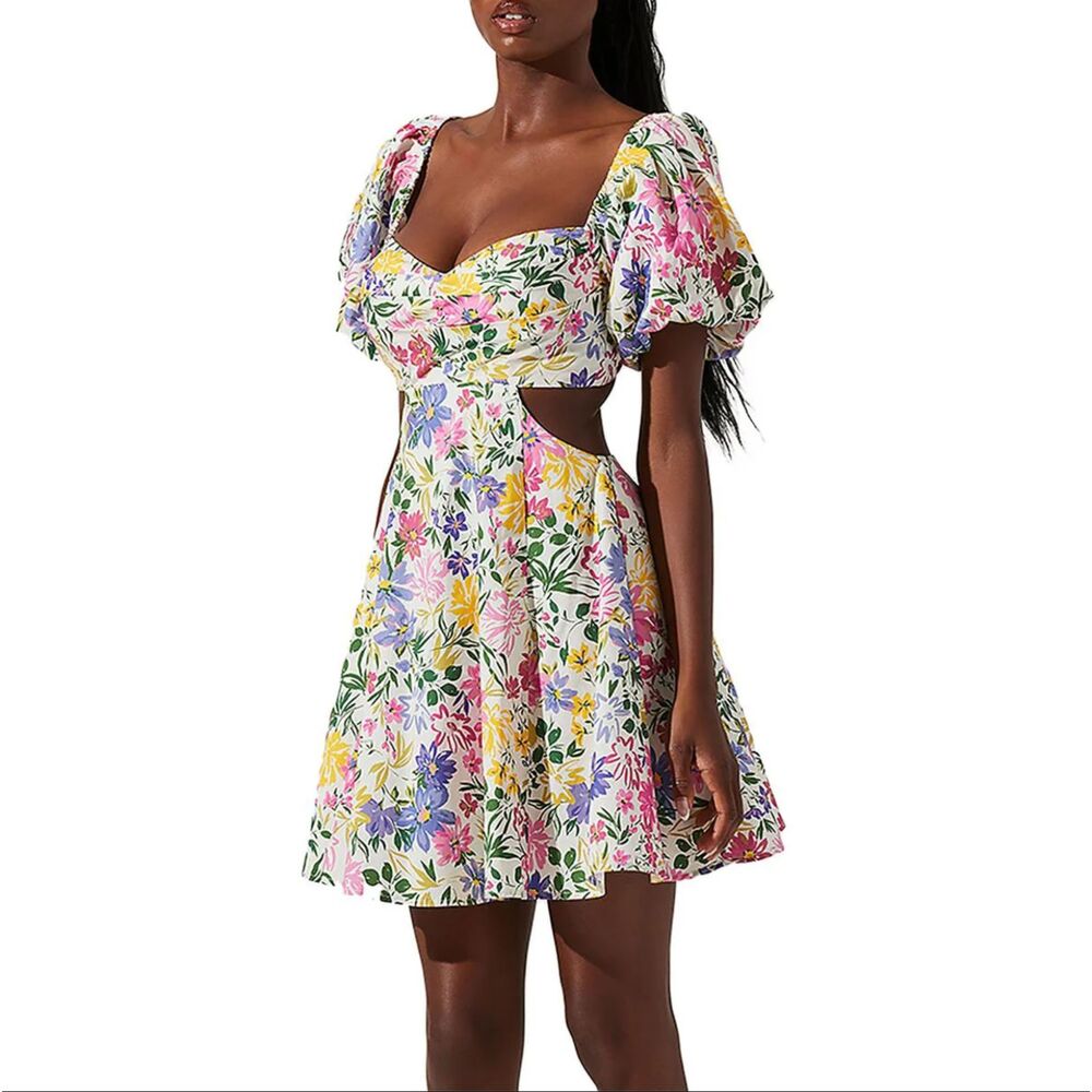 NWT ASTR the Label Clarita Cut Out Mini Dress Pink Yellow Multi Floral Size: M